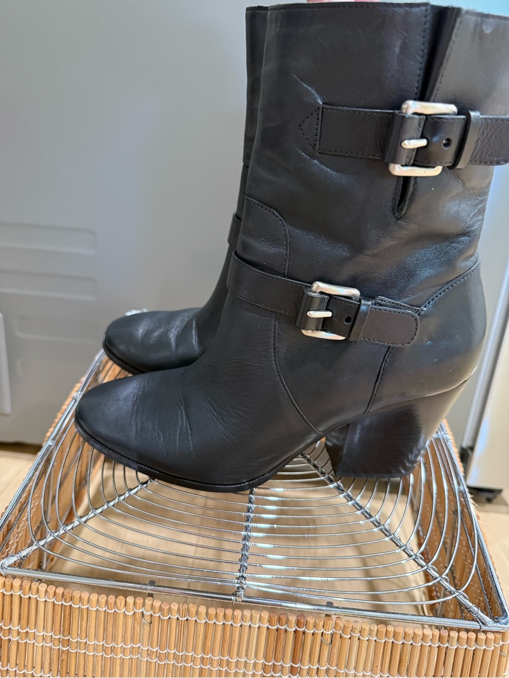 Michael Kors Black Leather Moto Buckle Boots Size 8